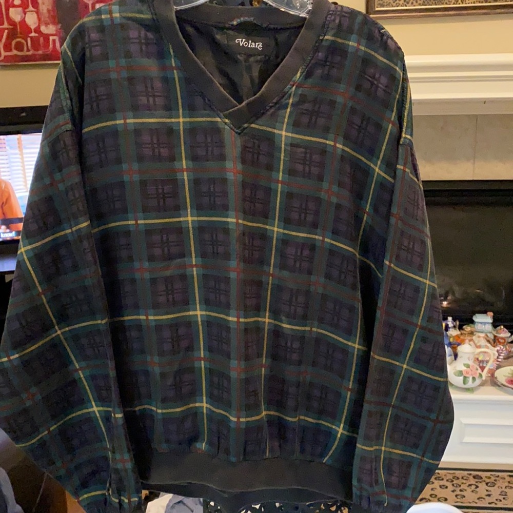 Vintage Volare brand women’s lined navy & green plaid vneck pullover size XLarge